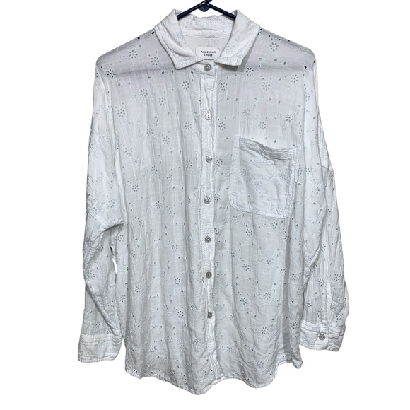 American Eagle White Eyelet Button Down Shirt Women’s Size Small Oversized Fit - Picture 1 of 7